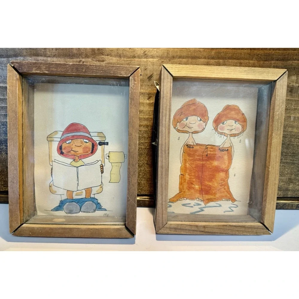 Vintage 1970s Handmade Bathroom Humor Wall Art Pair Wood Shadow Box Signed Mo
